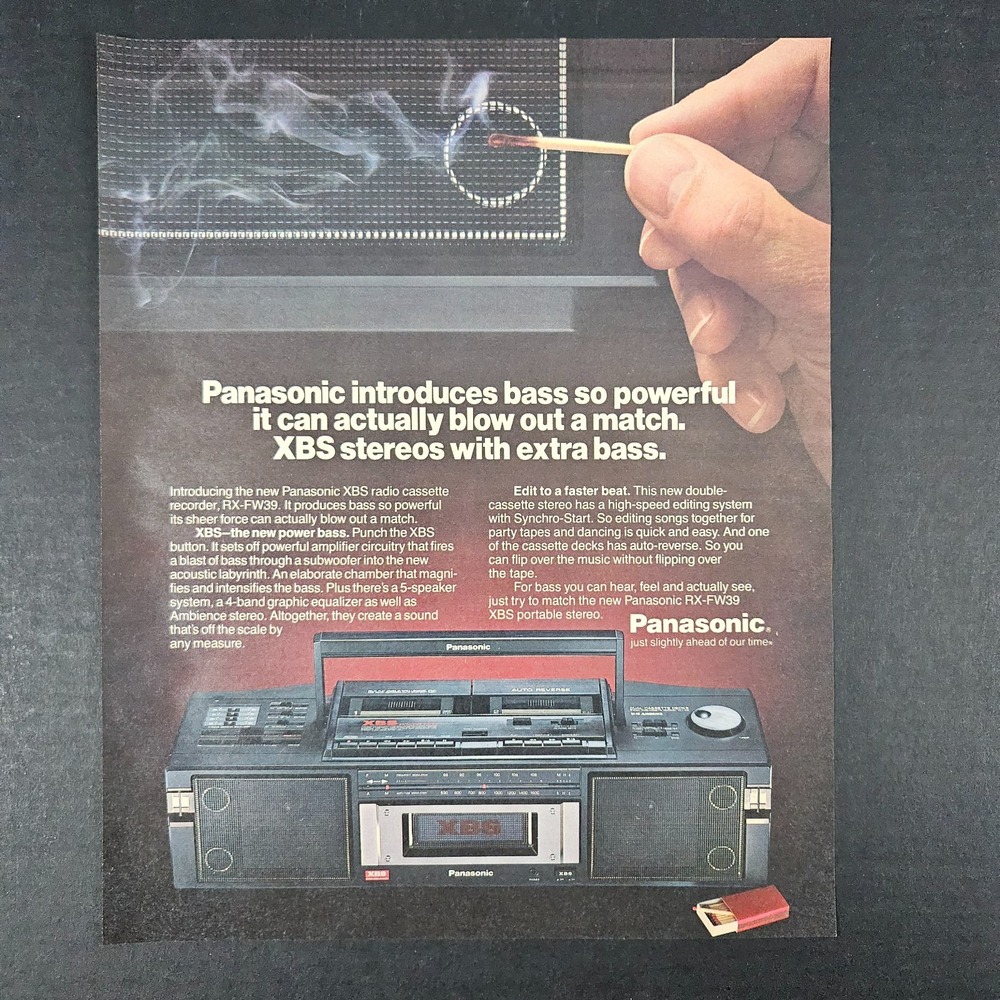 1987 Panasonic XBS Extra Bass Boost Boom Box Vintage Print Ad Blows Out A Match